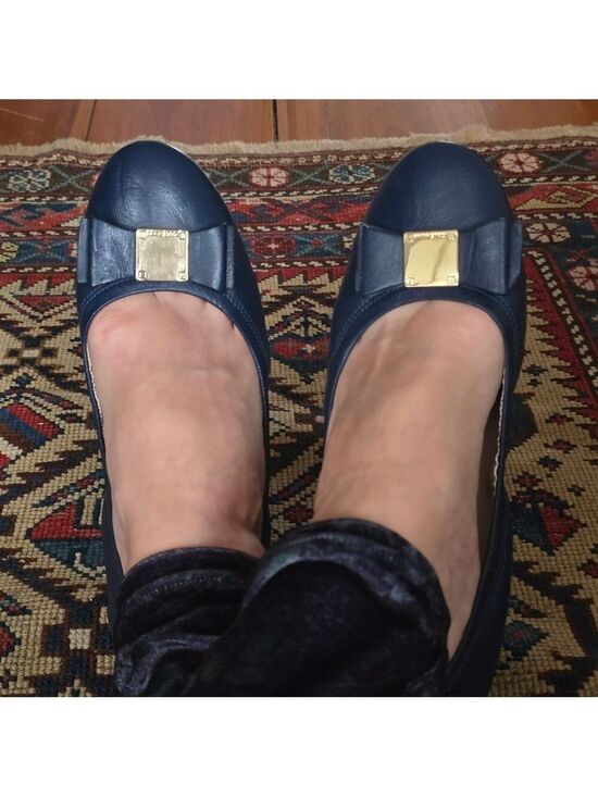 Cole Haan Shoes - Cole Haan Emory Navy Leather Bow Gold Logo Ballet Flats